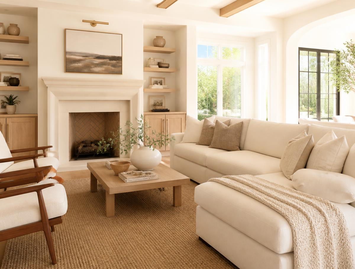 Bright, airy living room in a spotless upscale home