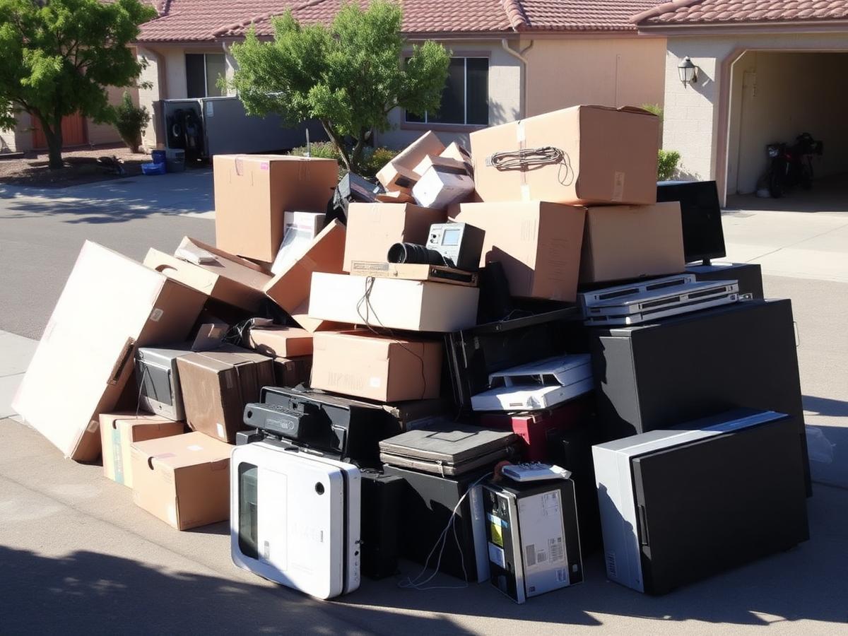 Old furniture and boxes stacked in a driveway for haul-away