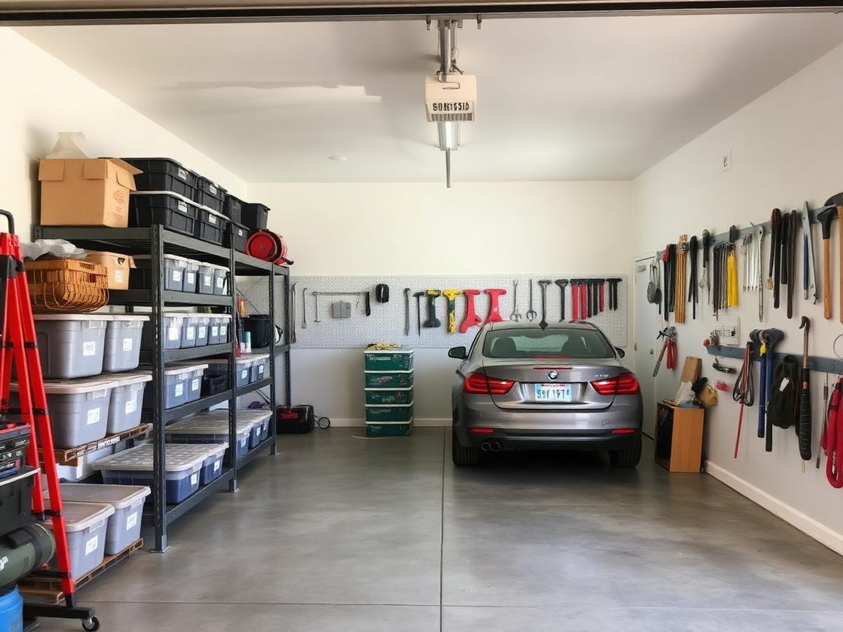 Organized garage with labeled bins on steel shelving